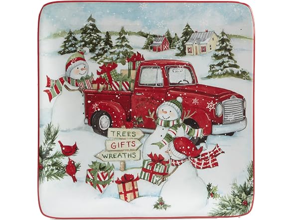 Red Truck Snowman 8.5" Salad/Dessert Plates, Set of 4