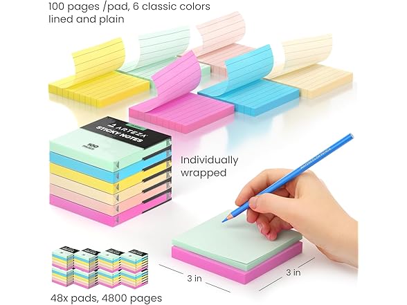 ARTEZA Sticky Notes, 3x3 Inches, 48 Lined & Blank Pads