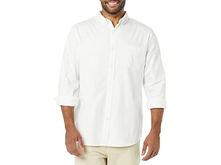 Amazon Essentials Men's Slim-Fit Long-Sleeve Stretch Oxford Shirt with Pocket, White, Medium