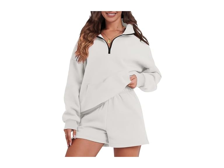 FKEEP Womens Sweatsuits 2 Piece Outfits Half Zip Sweatshirt Sweat Shorts with Pockets Lounge Sets(White,Large)
