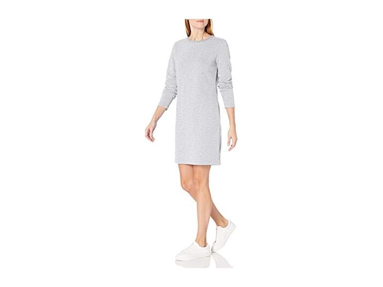 Amazon Essentials Women's Crewneck Long-Sleeve Fleece Above-The-Knee Dress, Light Grey Heather, Small