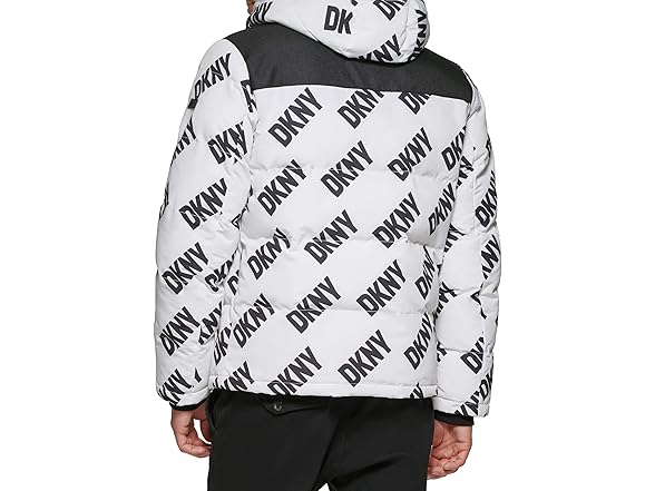 DKNY Mens Shawn Quilted Mixed Media Hooded Puffer Jacket (S)