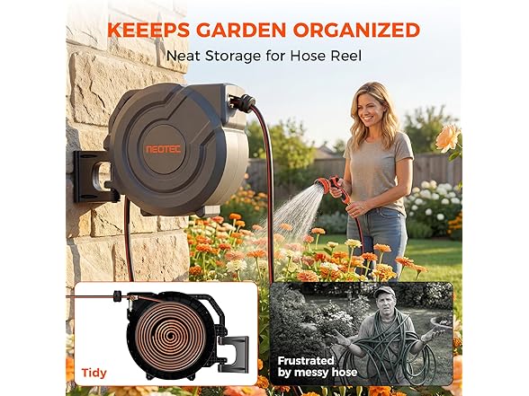 NEOTEC Retractable Garden Hose Reel 1/2 inch x 100ft, Heavy Duty Hose Reel 9-Pattern Nozzle, Auto Lock & Slow Return System, 180° Swivel Bracket (Open Box)