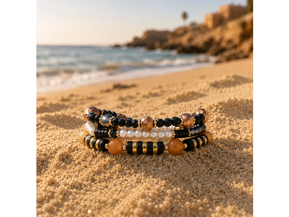 Stretch Beaded Bracelet Stack with Brown & Gold Charm