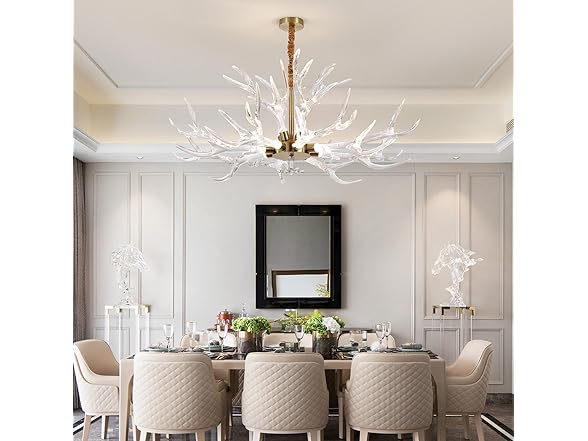 RinkBik Acrylic Antler Chandelier Ceiling Light Fixtures, Deer Antler Chandelier Lighting, Resin Antlers Pendant Light for Dining Room, Living Room, Bedroom, Kitchen, Cabin, Farmhouse 41.3" 12 Lights (Open Box)