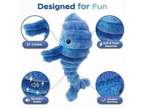 Bow Wow Pet Squeaky Plush Dog Toy with Crinkle Whale