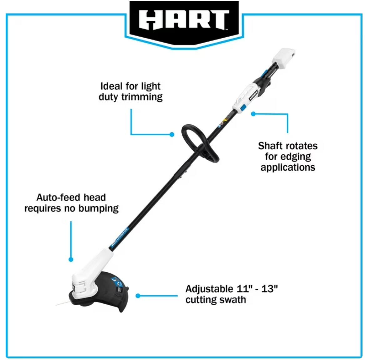 HART 20V Cordless 13" String Trimmer Kit, (1) 2.0 Ah Lithium-Ion Battery - Gallery 14