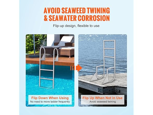 Dock Ladder, Flip-Up 3 Steps, 350 lbs Load