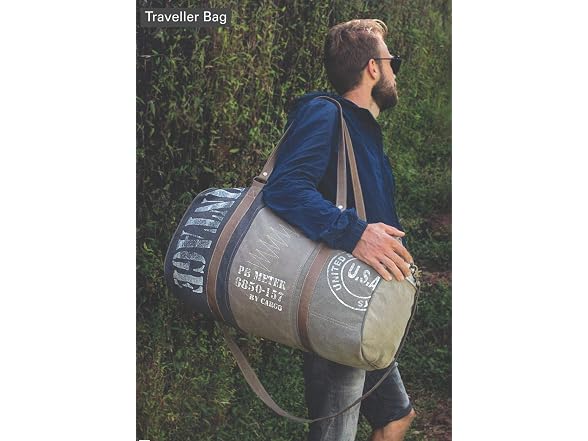 Vintage USA Travel Print Upcycled Canvas Leather Trim Duffle Bag
