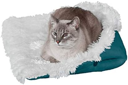 Furhaven Self-Warming Cat Bed for Indoor Cats, 4-Beds-in-1 & Washable - Plush Long Faux Fur Convertible Cuddler - Spruce, Small
