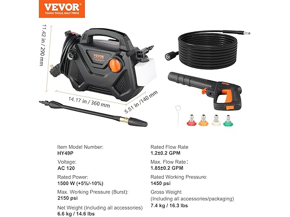 VEVOR Electric Pressure Washer, 2150-PSI 1.85-GPM