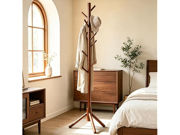 Freestanding Wooden Coat Rack, 8 Hooks