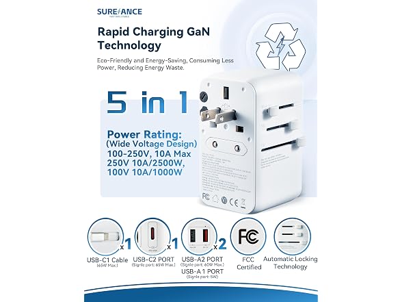 SUREANCE 70W Universal Travel Adapter