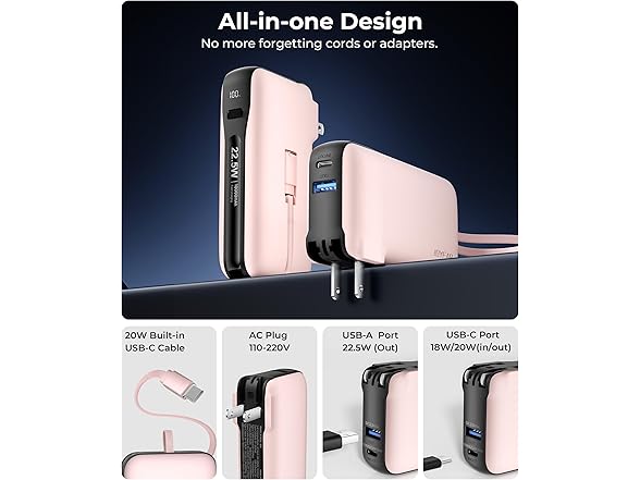 JOYFAR 10k mAh 22.5W Portable Charger w/ Cable & Plug