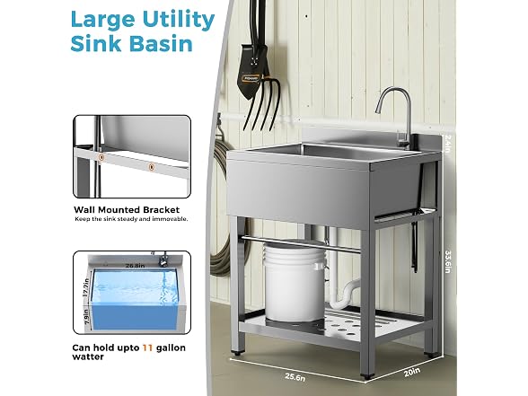 Stainless Steel Utility Sink Freestanding Single Bowl Garage Sink 25 Inch (Open Box)