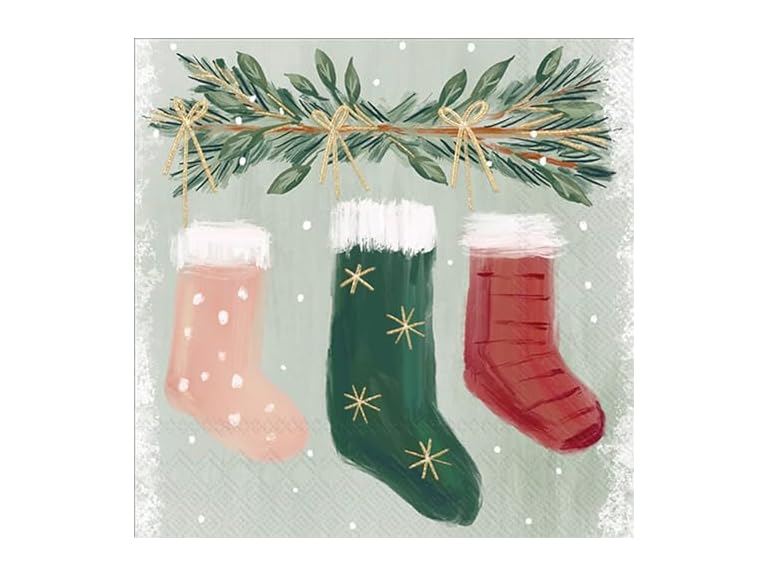 IHR Ideal Home Range Party Napkins Disposable 3-Ply Paper Lunch Napkin Pack, 6.5" x 6.5", Gilded Greenery Stockings, 20-Count