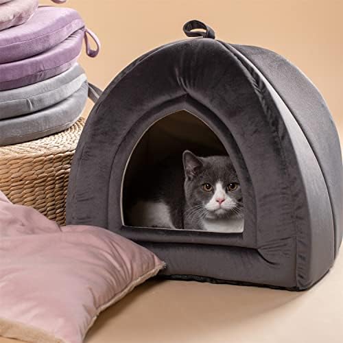 KASENTEX Cat Bed for Indoor Cats, 2-in-1 Cat House Pet Supplies for Large Cat or Small Dog - Animal Cave, Cat Tent with Removable Washable Pillow Cushion (Dark Grey, 19x19x19)