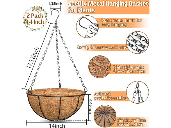 ZeeDix 2 Pack 14" Hanging Baskets