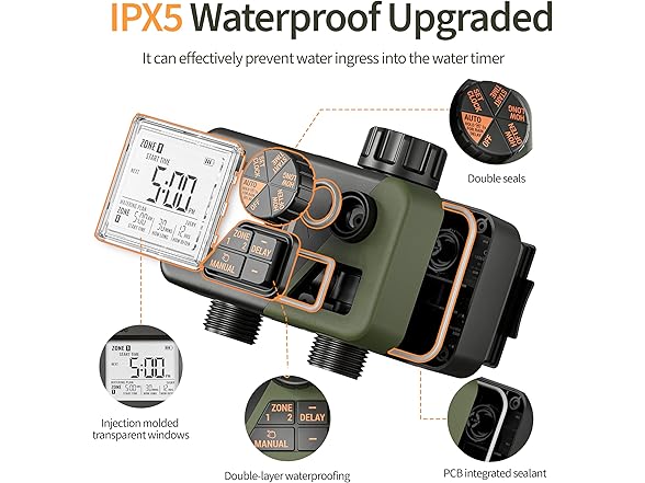 Sprinkler Timer 2 Zone IPX5 Waterproof