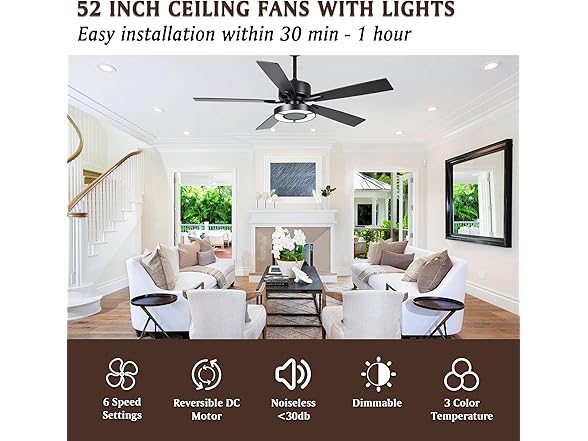 Parrot Uncle F6366BK-PU 52 Inch Ceiling Fans with Ligh