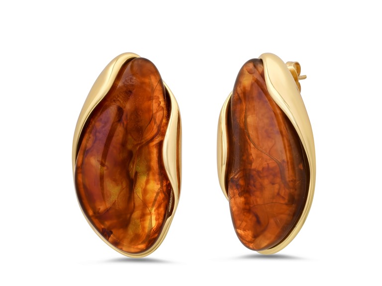 18K Gold Amber Resin Stud Earrings