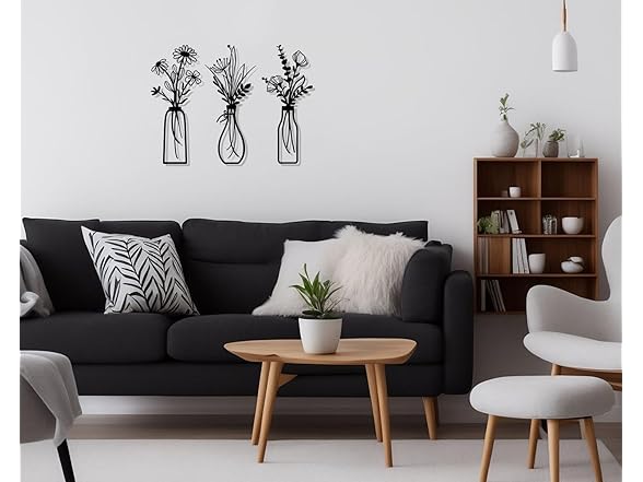 Black Floral Vase Metal Wall Art 3Pc Set