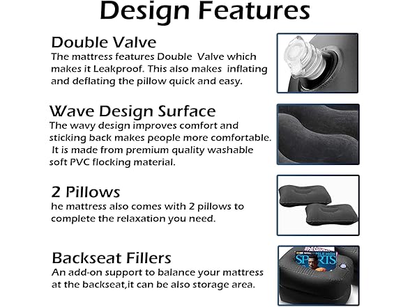 Zone Tech TA0003 Inflatable Car Travel Air Mattress Black