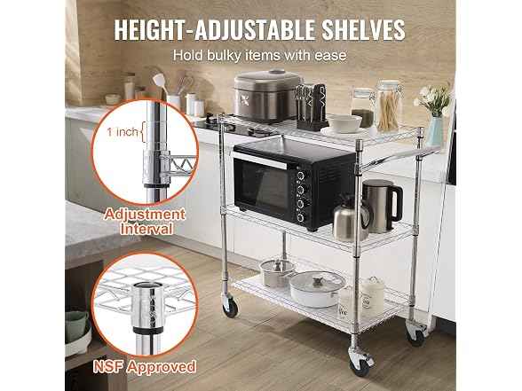 Kitchen Utility Cart, 3 Tiers, Wire Liner