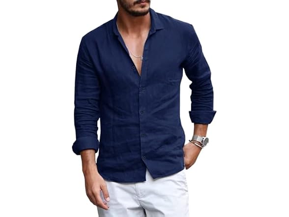 Runcati Men (M) Button Down Shirt Linen Long Tops