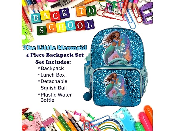 (4 Piece) 16" Disney Mermaid Backpack