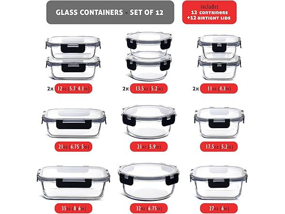 EATEX 24pc Glass Storage Containers with Lids