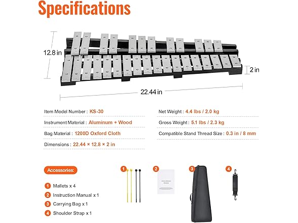 VEVOR 30 Note Glockenspiel Xylophone Bell Kit