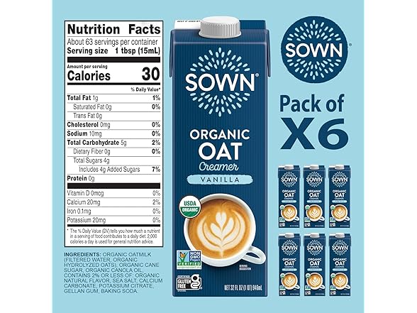 6pk SOWN Organic Oat Creamer Vanilla - Barista