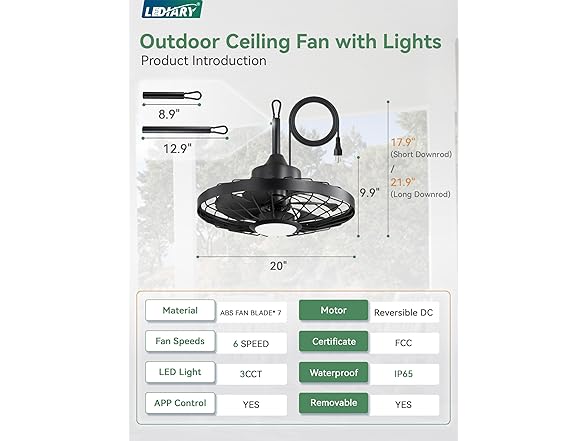 LEDIARY Outdoor Ceiling Fans with Light