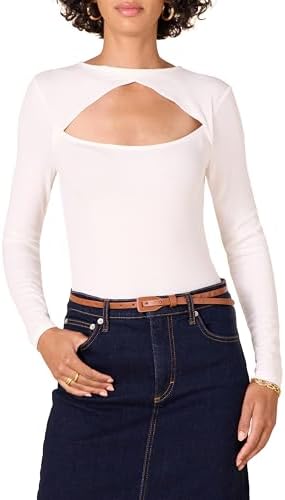 Amazon Essentials Women's Fine Rib Long Sleeve Cutout Bodysuit (Previously Daily Ritual), Ivory, X-Small
