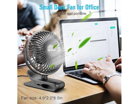 BESKAR Small Clip on Fan, 3 Speeds USB Plug