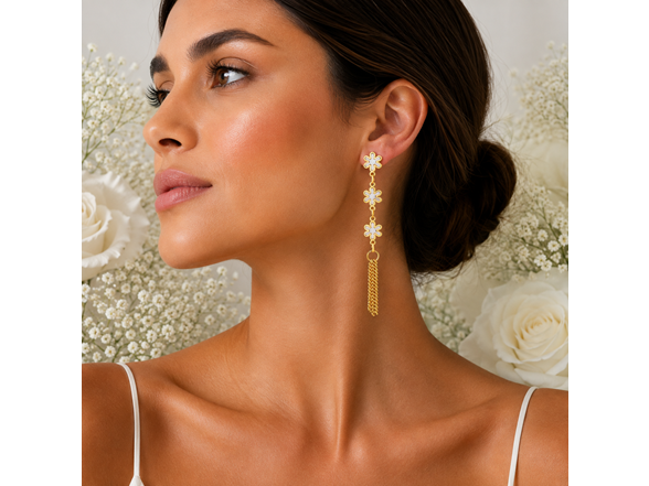 18K Gold Open Flower Tassel Earrings