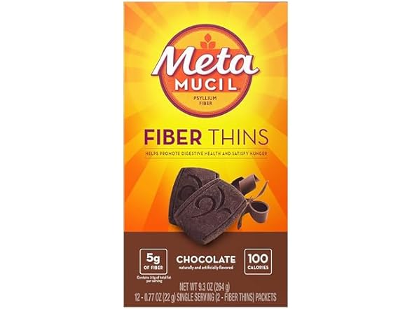 Metamucil Fiber Thins, Psyllium Husk Fiber Supplement, Digestive Health Support and Satisfy Hunger, Chocolate Flavored, 12 Servings