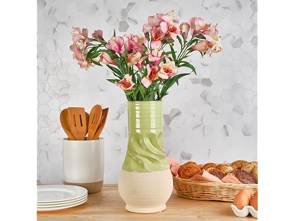 Elements Green and Cream Ceramic Vase 5.5x5.5x10.2"