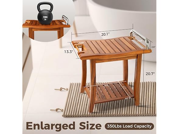 Teak Shower Bench with Shelf & Handles