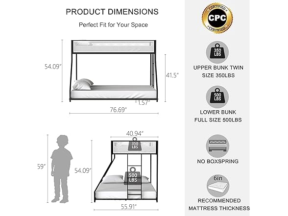 LIFE SKY Metal Bunk Bed w/Mesh Guardrail