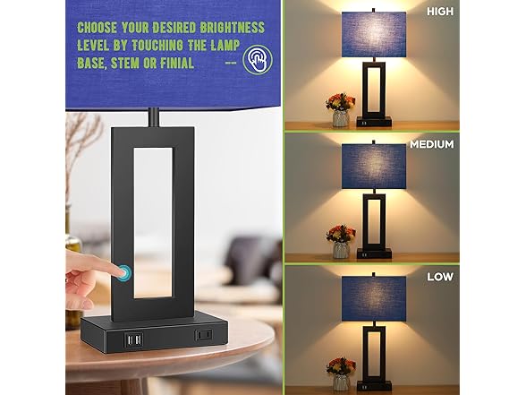 TOBUSA Set of 2 Touch Control Table Lamps with 2 USB Ports