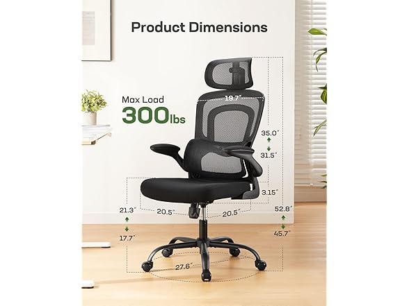 Marsail Office Chair Ergonomic-Desk Chair: High Back Mesh Office Chair with Lumbar Support,Flip-Up Armrests&2D Headrest,Gaming Chair with Rocking Tilt, Swivel Computer Task Chair for Long Hours (Open Box)