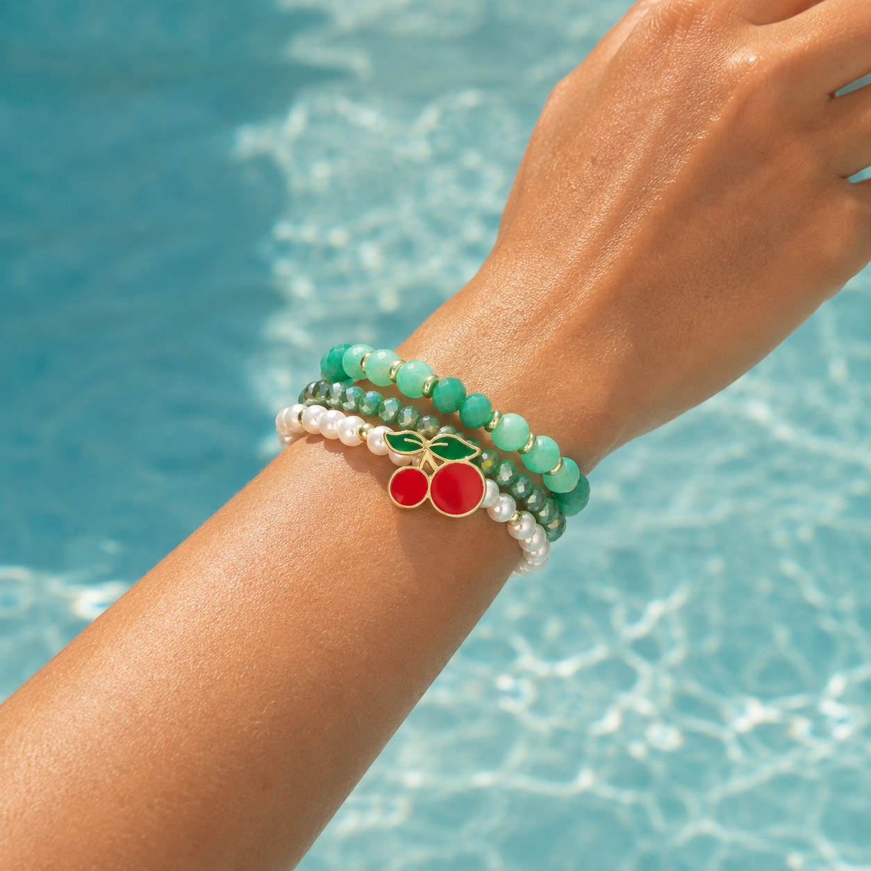 Stretch Beaded Bracelet Stack with Cherry Charm - Gallery 6