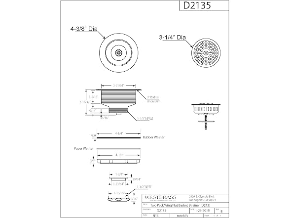 Westbrass Wing Nut Sink Strainer 2-Pack
