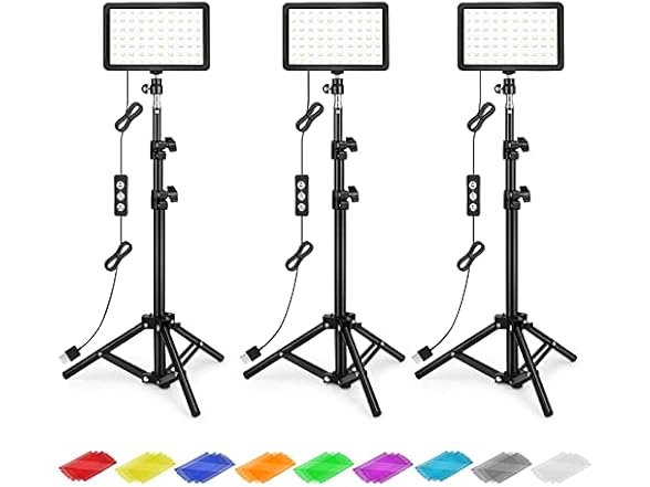 (3 PACK) Photography Lighting Kit Dimmable 5600K USB LED Lights w/Tripods