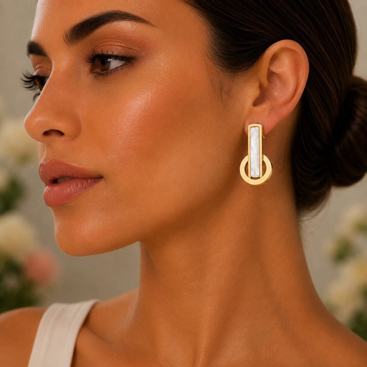 18K Gold Mother of Pearl Circle Drops - Gallery 6