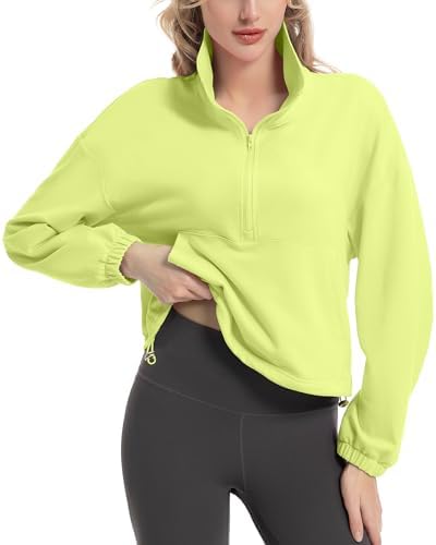 FKEEP Quarter Zip Pullover Women Cropped Sweatshirt Long Sleeve Crop Top Stand Collar Drawstring Casual Pullover zFluorescent Green L