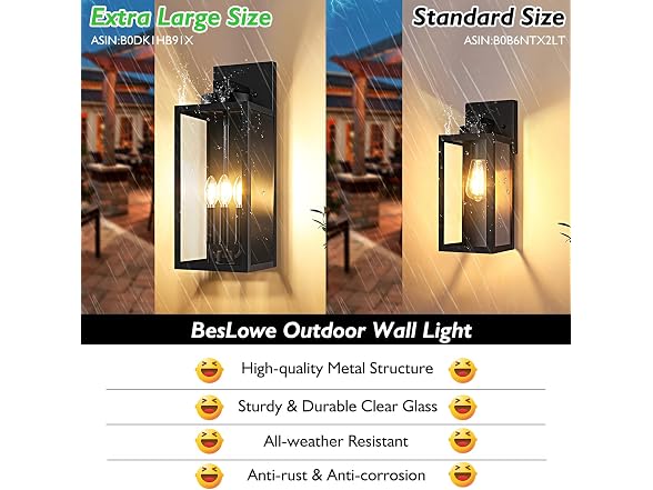 BesLowe 19” Large Outdoor Wall Light, 3-Light Exterior Porch Sconce, Black