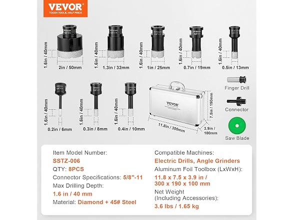 Diamond Core Drill Bit Set, 8 PCS